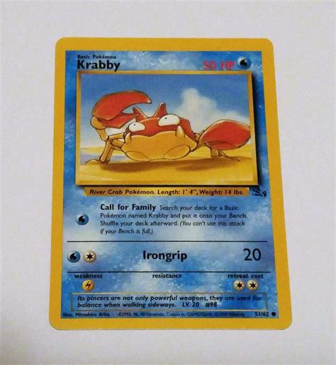Misprinted Fossil Krabby: $2200. Yes, you read that right. Krabby is the star of one of the rarest Pokemon cards of all. By all accounts, this crab-based Water-type isnt exactly a battling superstar. The fact that one version of its Pokemon card is so rare is a bit of a fluke, as its price comes down to a relatively simple misprint of the card.